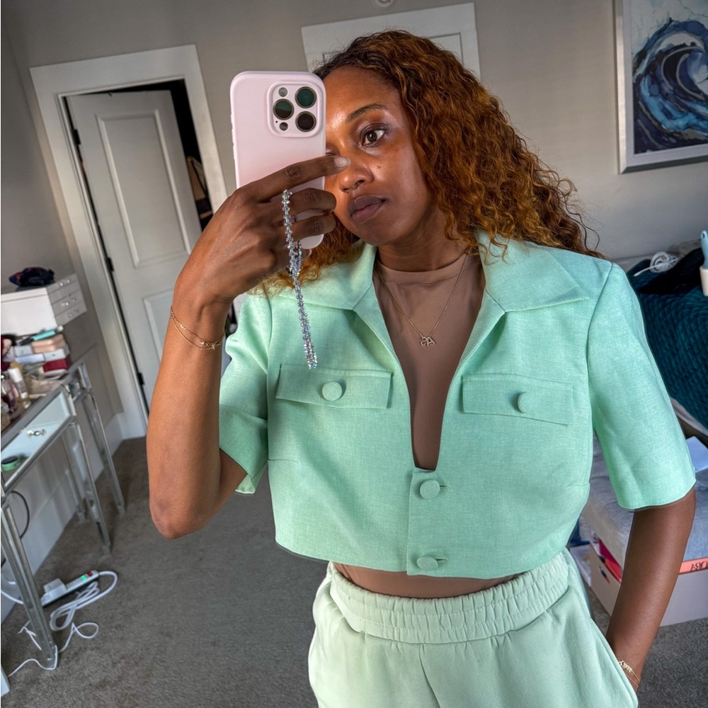Mint Green Cropped Button Front Blazer Jacket